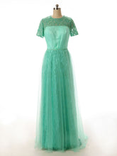 Green Modest Lace Formal Dress with Short Sleeves